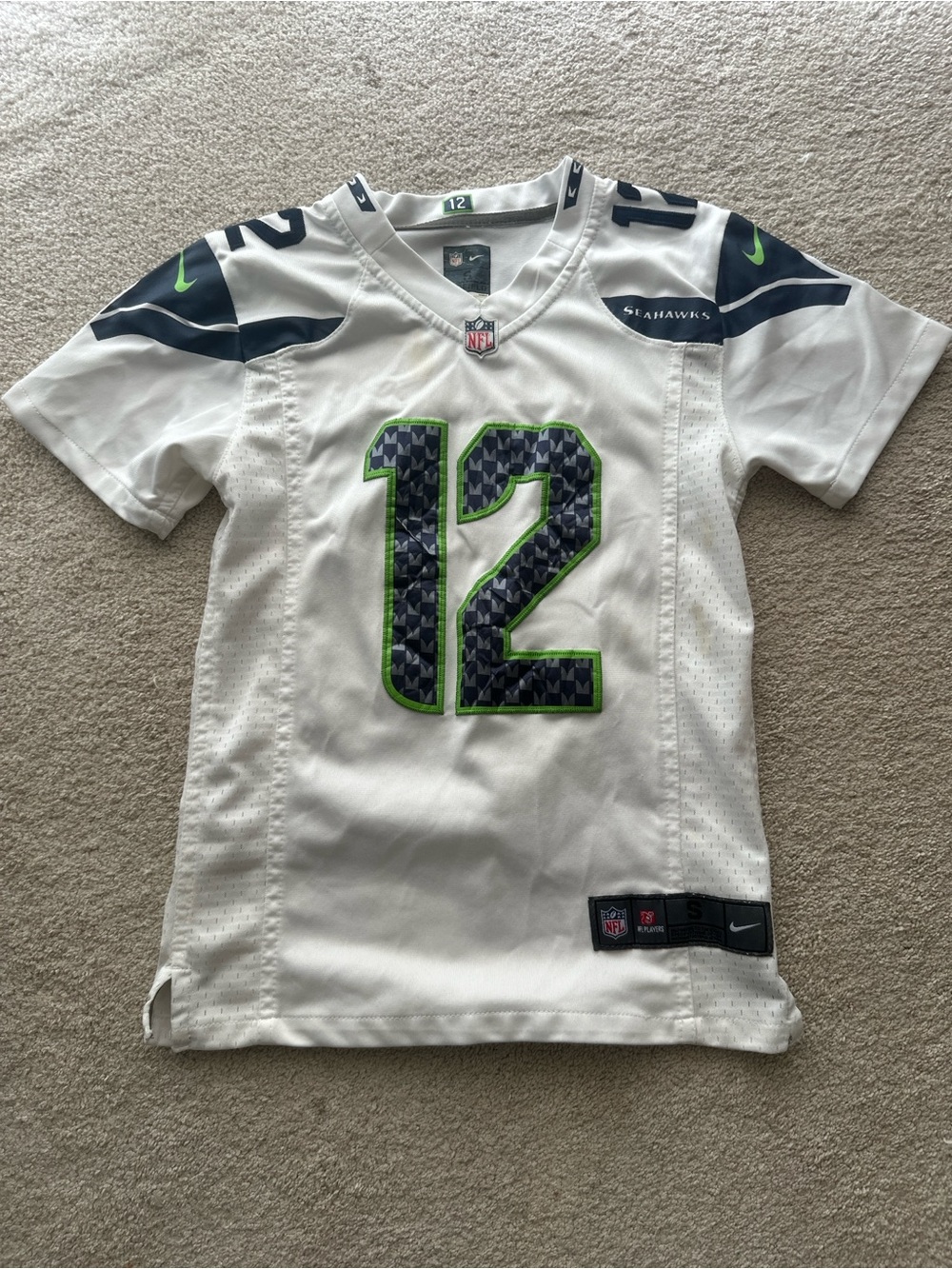 Nike Kids White Seattle Seahawks #12 Jersey with Navy and Neon Green Accents